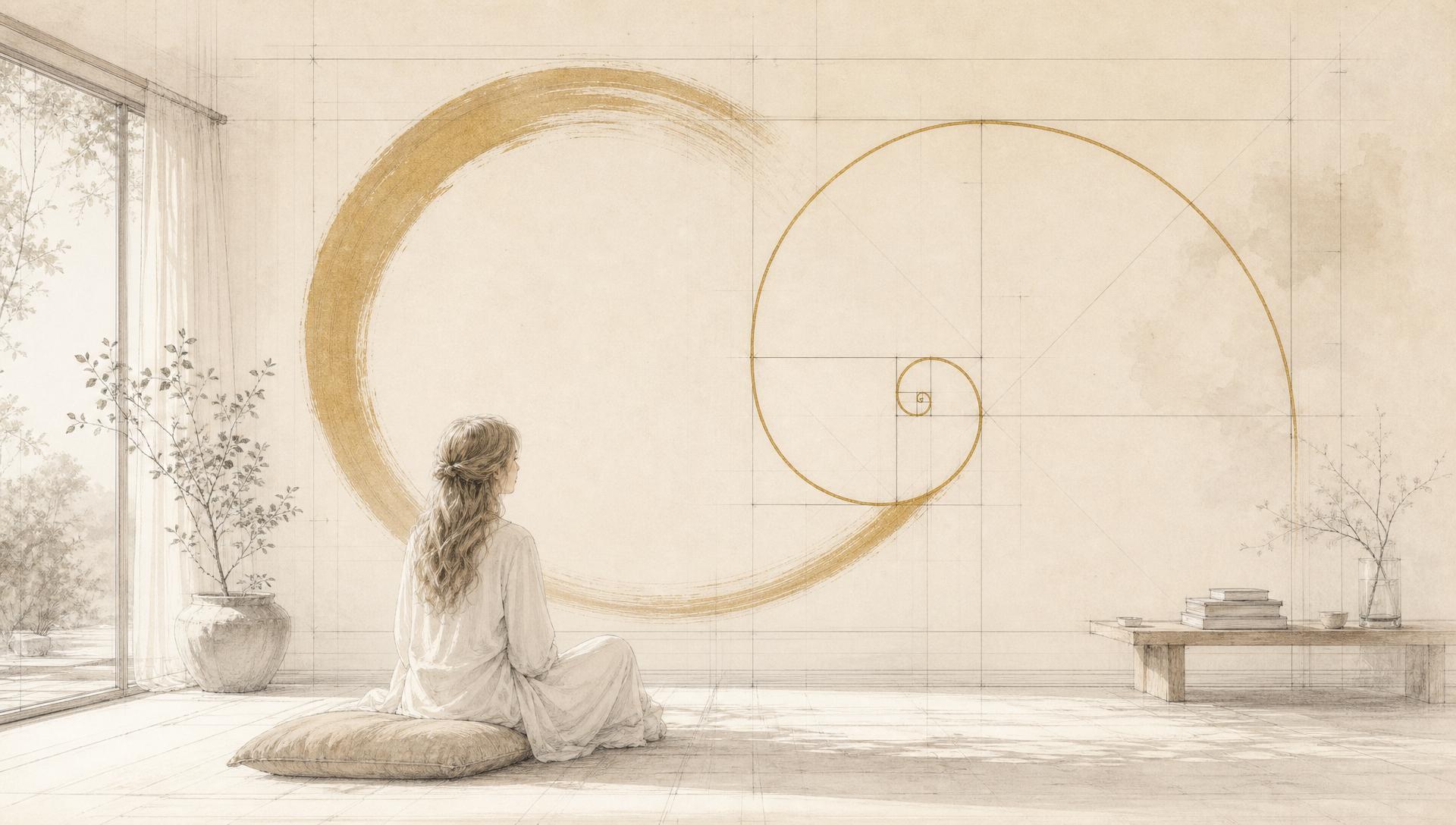 HolArt — ilustracja sumi-e: postać w spokojnej pozie, enso i spirala Fibonacciego symbolizujące integrację nauki, natury i sztuki