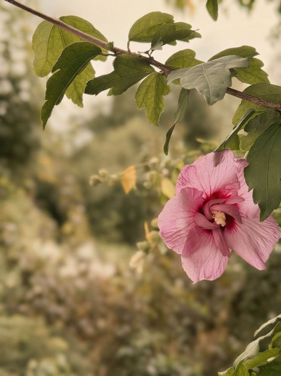 Kwiat hibiskusa na tle miejskiej zieleni