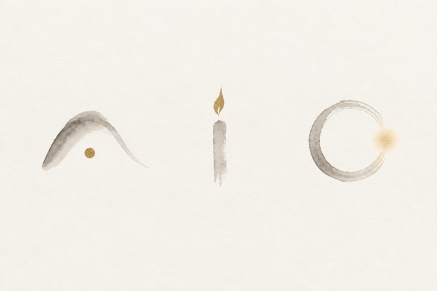Trzy symboliczne znaki sumi-e — łuk oparcia CAVE, płomień CANDLE i krąg światła CIRCLE